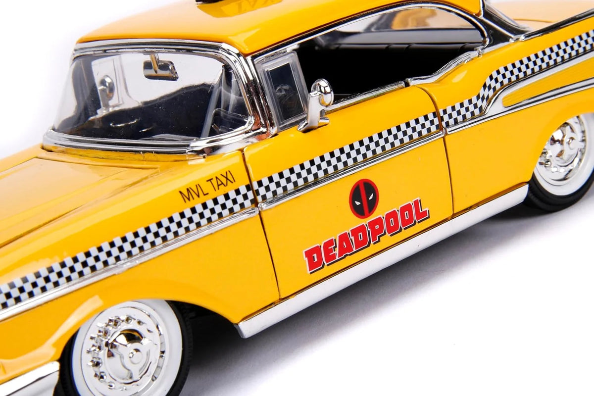 JADA TOYS - Marvel Deadpool 1975 Chevrolet Yellow Taxi Bel Air & Deadpool 1/24 Die-cast Model