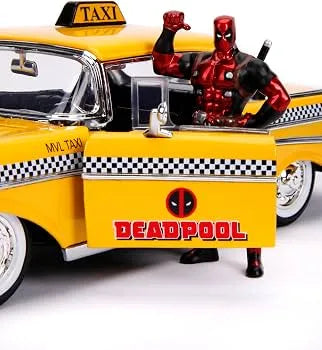 JADA TOYS - Marvel Deadpool 1975 Chevrolet Yellow Taxi Bel Air & Deadpool 1/24 Die-cast Model