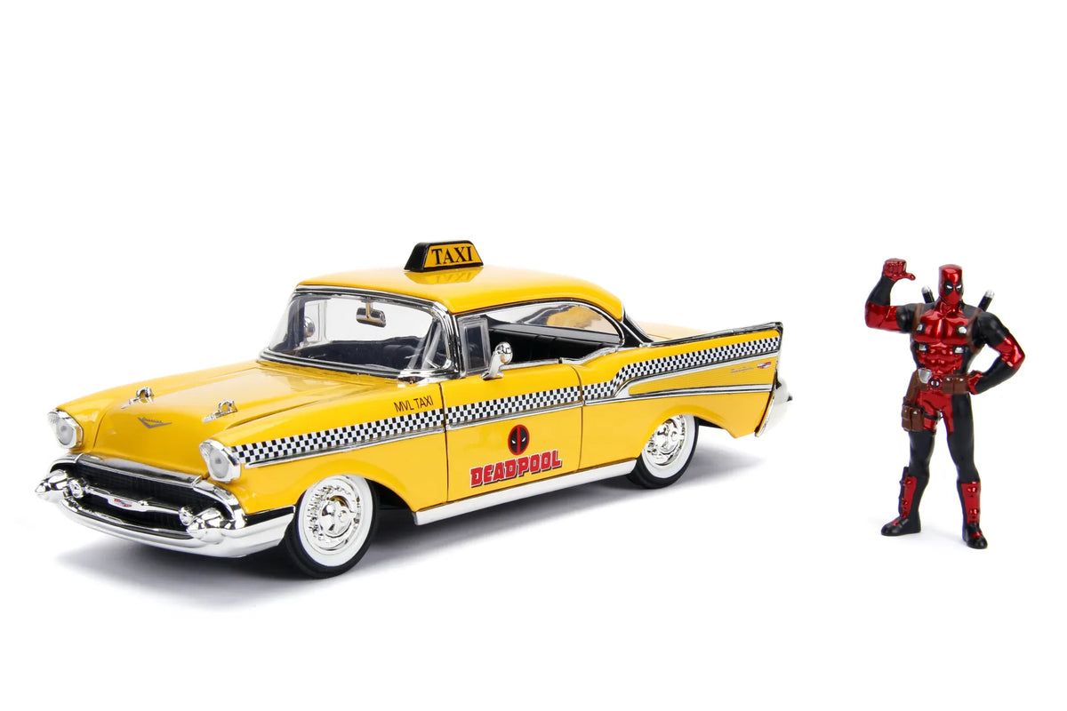 JADA TOYS - Marvel Deadpool 1975 Chevrolet Yellow Taxi Bel Air & Deadpool 1/24 Die-cast Model
