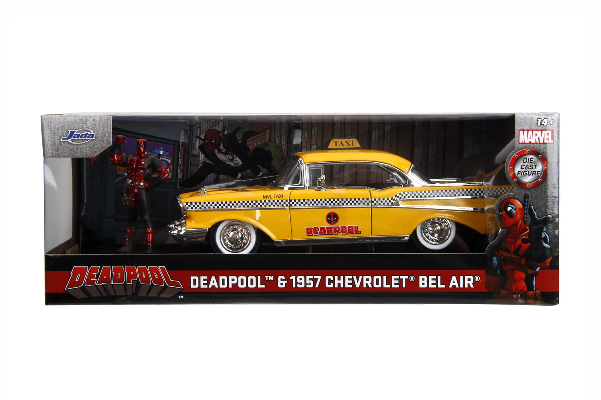 JADA TOYS - Marvel Deadpool 1975 Chevrolet Yellow Taxi Bel Air & Deadpool 1/24 Die-cast Model
