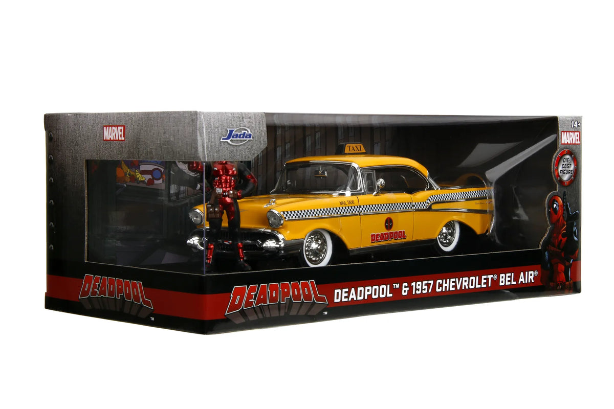 JADA TOYS - Marvel Deadpool 1975 Chevrolet Yellow Taxi Bel Air & Deadpool 1/24 Die-cast Model