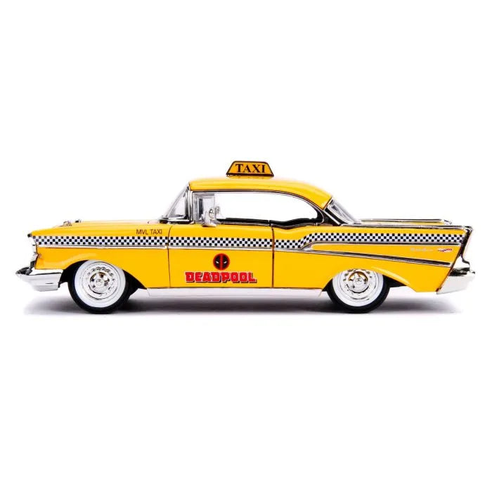 JADA TOYS - Marvel Deadpool 1975 Chevrolet Yellow Taxi Bel Air & Deadpool 1/24 Die-cast Model