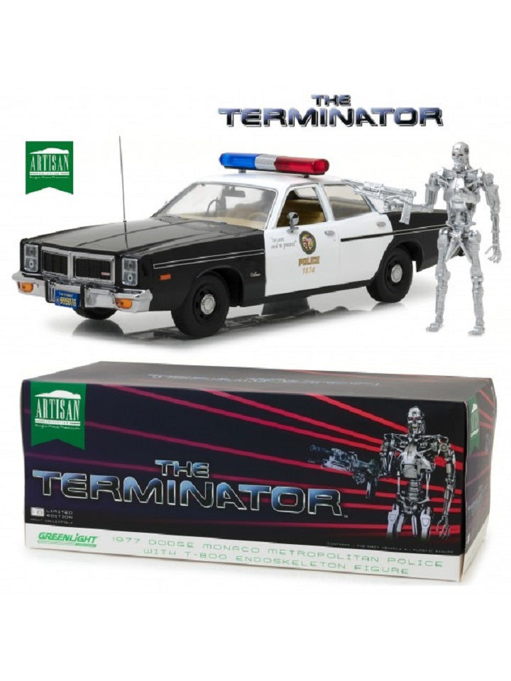 ARTISAN COLLECTION - Greenlight The Terminator Dodge Monaco Metropolitan Police with T-800 Endoskeleton 1/18