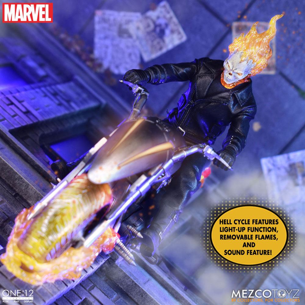 MEZCO TOYS - Ghost Rider Action Figure & Vehicle with Sound & Light Up 1/12 Ghost Rider & Hell Cycle