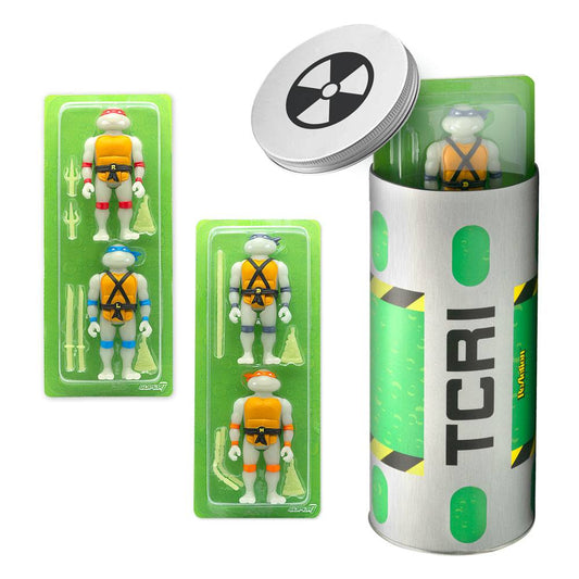 SUPER 7 - TMNT Teenager Mutant Ninja Turtles Reaction Action Figure 4 Pack Ooze Canister GITD San Diego Comic Con 2020